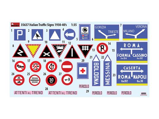 1/35 Итальянские дорожные знаки 1930-40-ых годов (Miniart 35637), сборные пластиковые + декаль