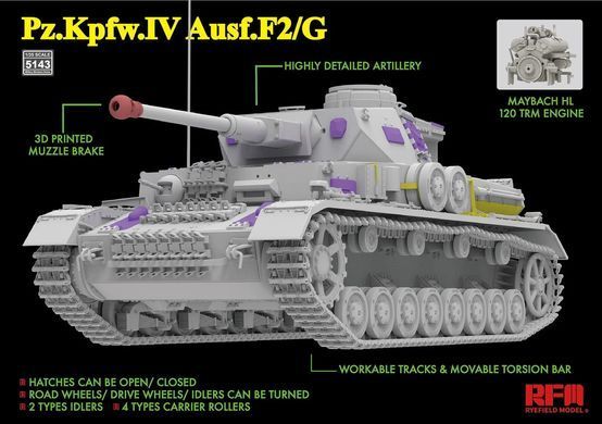 1/35 Танк Pz.Kpfw.IV Ausf.F2/G, в комплекті 3D-друкований дульник, робочі траки та копія двигуна Maybach HL120 TRM (Rye Field Model RM5143), збірна модель