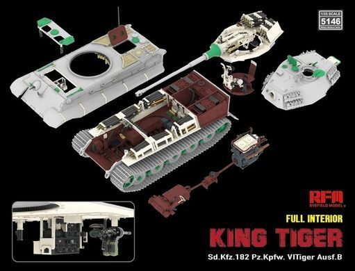 1/35 Танк&nbsp;Pz.Kpfw.VI Tiger Ausf.B King Tiger з повним інтер'єром, металевим стволом та смоляними деталями (Rye Field Model RM5146), збірна модель