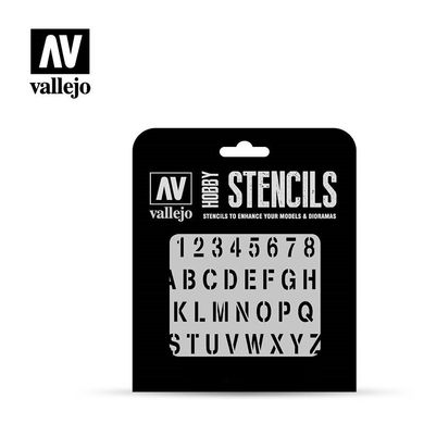 Трафарет "Цифри та літери" 1/35, 125*125 мм (Vallejo ST-LET002 Stamp Font stencil markings)