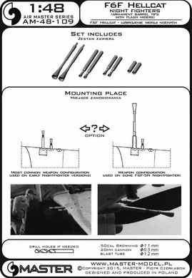 1/48 Стволы для F6F Hellcat ночника: Браунинг 50-го калибра и 20-мм пушки, 8 штук (Master AM-48-109), металл