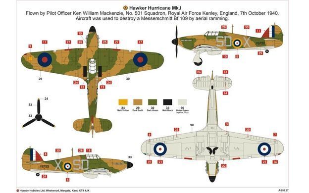 1/48 Hawker Hurricane Mk.I британский истребитель (Airfix 05127) сборная масштабная модель