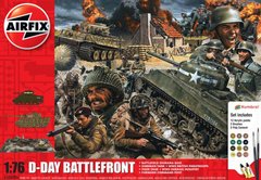 1/76 Диорама "D-Day Battlefront" с танками Tiger и Sherman, фигурками и подставкой, Gift Set с красками и клеем (Airfix A50009A), сборная пластиковая