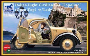 1/35 Автомобіль Fiat 500 Topolino з фігурками леді та пса (Bronco Models CB35165), збірна модель