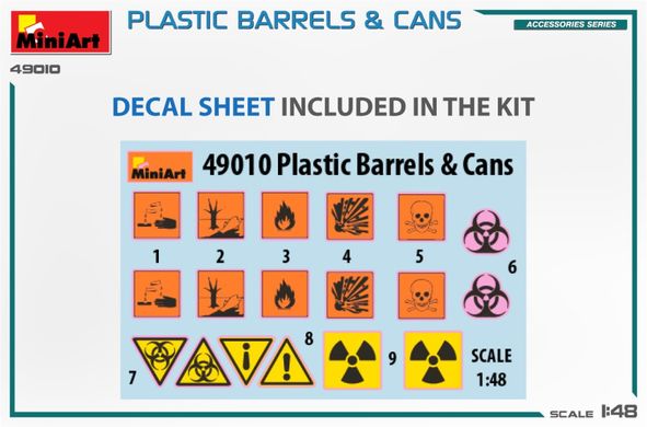1/48 Пластикові бочки та каністри, 16 бочок та 16 каністр, збірні пластикові (Miniart 49010 Plastic Barrels and Cans)