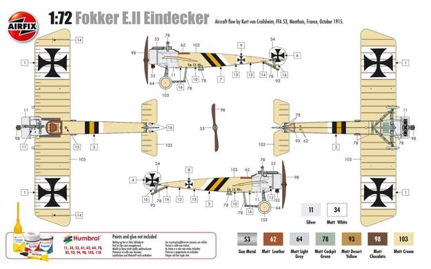 1/72 Fokker E.II Eindecker истребитель Первой мировой (Airfix 01086) сборная модель