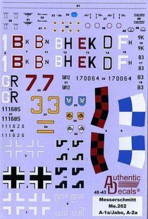 1/48 Декаль для Messerschmitt Me-262A-1a/Jabo, Me-262A-2a (Authentic Decals 4843)