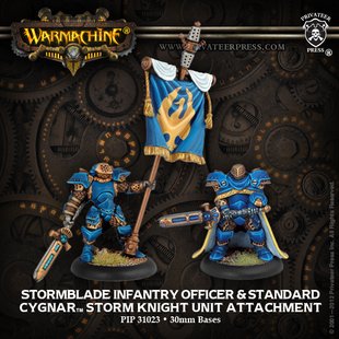 Stormblade Infantry Officer and Standard, Cygnar, мініатюри Warmachine (Privateer Press Miniatures PIP31023), збірні металеві нефарбовані