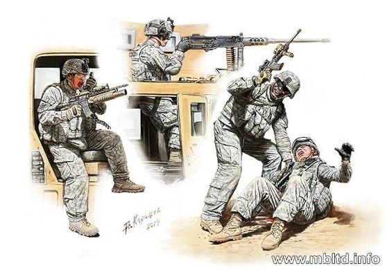 1/35 Набор фигур "Man Down!", американские современные солдаты, 4 фигуры (Master Box 35170), сборные пластиковые