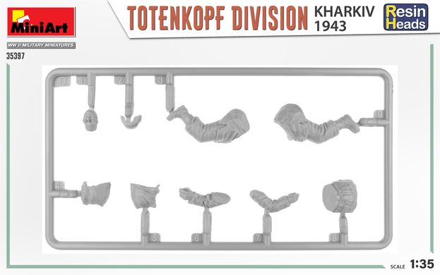 1/35 Немецкие солдаты дивизии Totenkopf, Харьков 1943 года, 5 фигур со смоляными головами, сборные пластиковые (Miniart 35397)