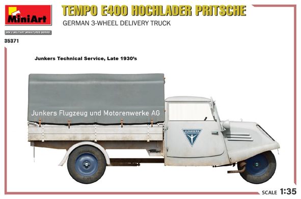 1/35 Tempo E400 Hochlader Pritsche німецька триколісний вантажний автомобіль (Miniart 35371), збірна модель