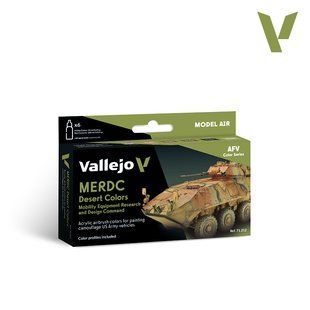 Набір фарб під аерограф "Бронетехніка США: MERDC Desert Colors", 5 фарб + сатиновий лак по 18 мл, акрилові (Vallejo Model Air 71212 Paint Set)