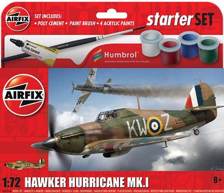 1/72 Винищувач Hawker Hurricane Mk.I, серія Starter Set з фарбами та клеєм (Airfix A55111A), збірна модель