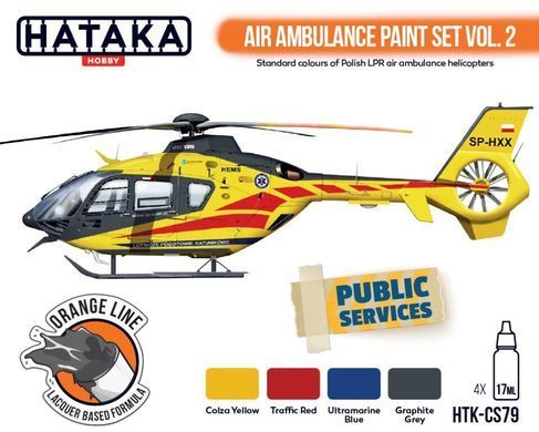Набор красок "Air Ambulance (HEMS) №2", 4 штуки, серия Orange Line под аэрограф, сольвент (Hataka Hobby CS79 Paint Set)