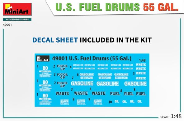 1/48 Американские топливные бочки на 55 галонов, сборные пластиковые, 20 штук (Miniart 49001 US Fuel Drums 55 gal.)