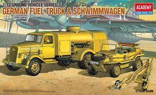 1/72 Паливозаправник Opel Blitz S 3t, автомобіль Volkswagen Schwimmwagen Type 166 та візок для підвіски авіабомб (Academy 13401), збірні моделі