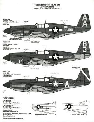 1/48 Декаль для A-36A Invader, 3 варіанти: 524 FBS Maj. John P. Crowder "Dorothy Helen", 382 FBS Lt. Michael T. Russo "Pat", 524 FBS unknown pilot (Super Scale Decals 48-612)