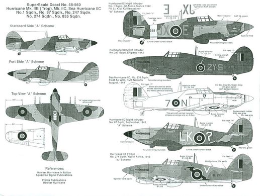 1/48 Декаль для Hawker Hurricane Mk.IIB/C, Mk.IIB Trop, Sea Hurricane IIC, 5 вариантов (Super Scale Decals 48-560)