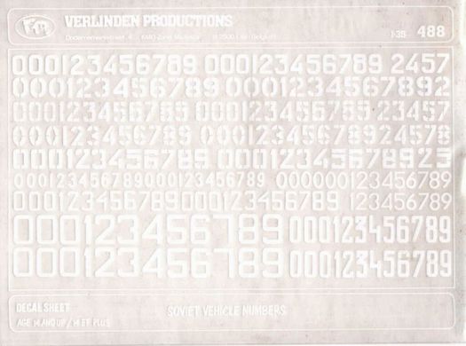 1/35 Цифри для радянської БТТ, білі, суха декаль (Verlinden 488 Soviet Vehicle Number)