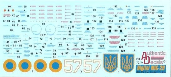 1/72 Декали для самолета МиГ-29 украинских ВВС, цифровой камуфляж (Authentic Decals 72-74)