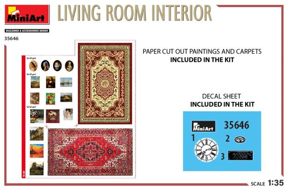 1/35 Інтер'єр вітальні: меблі, килими та картини (Miniart 35646 Living Room Interior), збірні пластикові