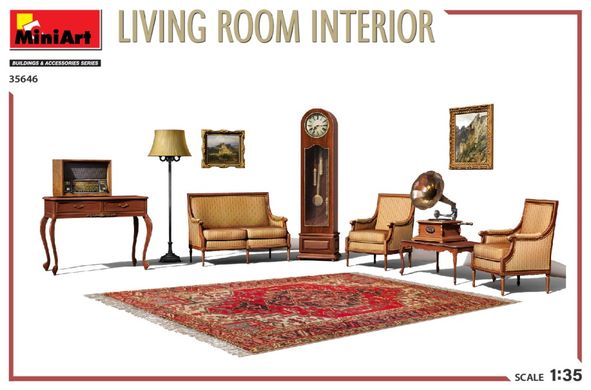 1/35 Интерьер гостиной: мебель, ковры и картины (Miniart 35646 Living Room Interior), сборные пластиковые