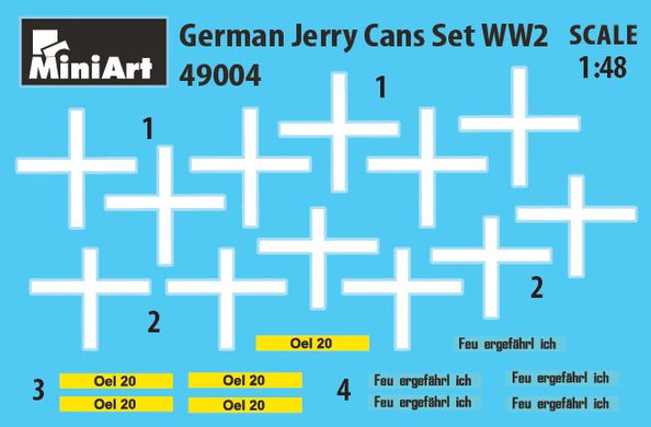 1/48 Набор немецких канистр, Вторая мировая, сборные пластиковые, 28 штук (Miniart 49004 German Jerry Cans set WWII)